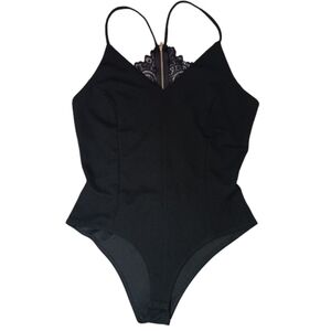 Iris women’s Black Lace bodysuit  Sz L double lined golden zip spaghetti strap